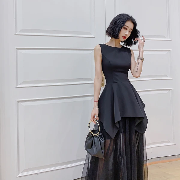 Modern / Fashion Black Summer Evening Dresses 2019 A-Line / Princess Square Neckline Sleeveless Floor-Length / Long Ruffle Formal Dresses