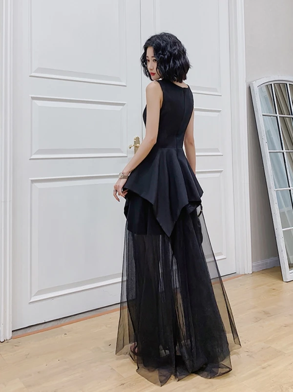 Modern / Fashion Black Summer Evening Dresses 2019 A-Line / Princess Square Neckline Sleeveless Floor-Length / Long Ruffle Formal Dresses