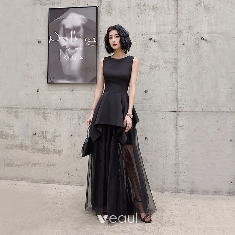 Modern Fashion Black Summer Evening Dresses 2019 A Line Princess Square Neckline Sleeveless Floor Length Long Ruffle Formal Dresses