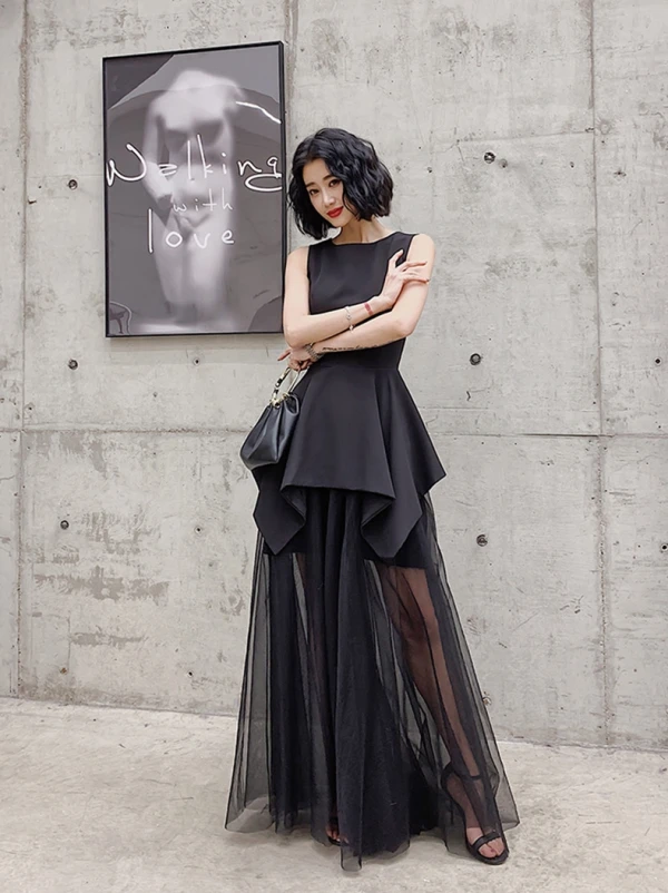 Modern / Fashion Black Summer Evening Dresses 2019 A-Line / Princess Square Neckline Sleeveless Floor-Length / Long Ruffle Formal Dresses