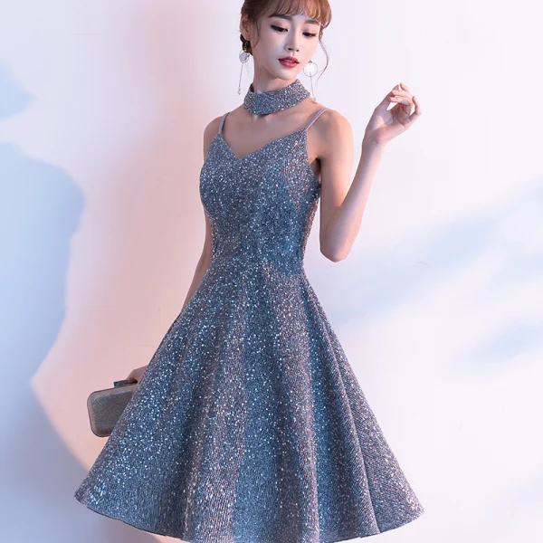 Sparkly Silver Homecoming Graduation Dresses 2019 A-Line / Princess Spaghetti Straps Sleeveless Glitter Polyester Short Backless Formal Dresses