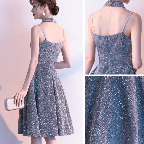 Sparkly Silver Homecoming Graduation Dresses 2019 A-Line / Princess Spaghetti Straps Sleeveless Glitter Polyester Short Backless Formal Dresses