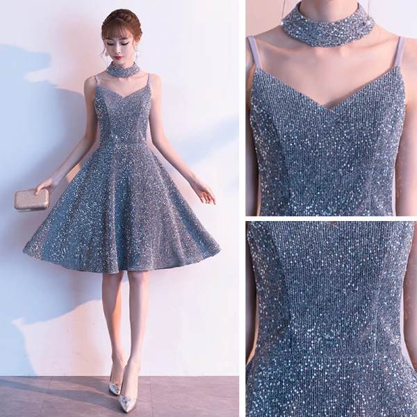 Sparkly Silver Homecoming Graduation Dresses 2019 A-Line / Princess Spaghetti Straps Sleeveless Glitter Polyester Short Backless Formal Dresses