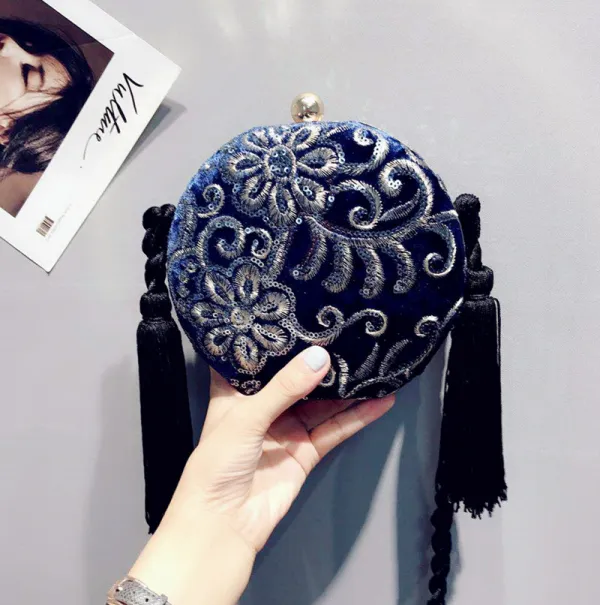 Traditional Navy Blue Lace Flower Sequins Velour Clutch Bags 2019 Tassel Accessories