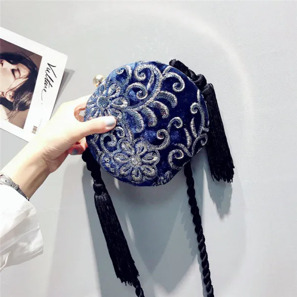 Traditional Navy Blue Lace Flower Sequins Velour Clutch Bags 2019 Tassel Accessories