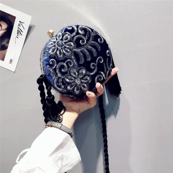 Traditional Navy Blue Lace Flower Sequins Velour Clutch Bags 2019 Tassel Accessories
