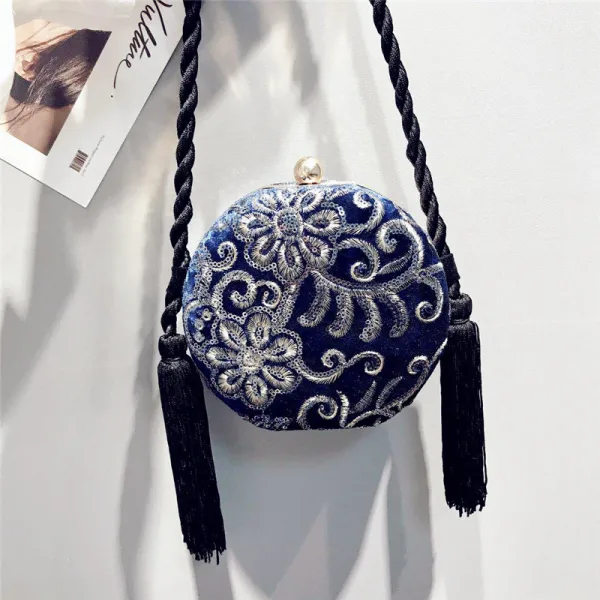 Traditional Navy Blue Lace Flower Sequins Velour Clutch Bags 2019 Tassel Accessories