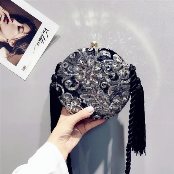 Traditional Navy Blue Lace Flower Sequins Velour Clutch Bags 2019 Tassel Accessories