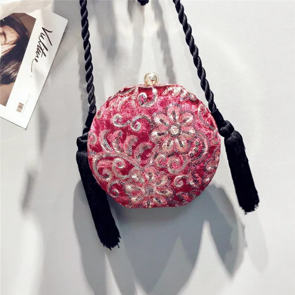 Traditional Navy Blue Lace Flower Sequins Velour Clutch Bags 2019 Tassel Accessories