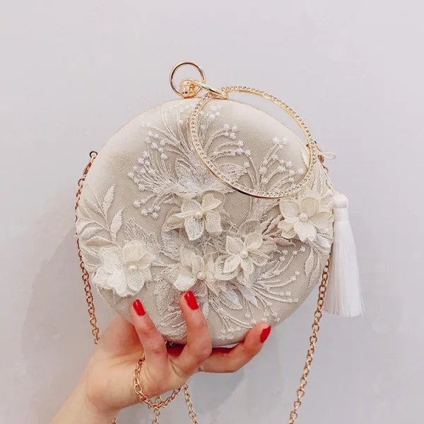 Chic / Beautiful Beige Clutch Bags 2019 3D Lace Pearl Tassel Accessories