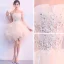 Schöne Champagner Cocktailkleider 2019 Ballkleid Bandeau Ärmellos Applikationen Spitze Strass Kurze Fallende Rüsche Rückenfreies Festliche Kleider
