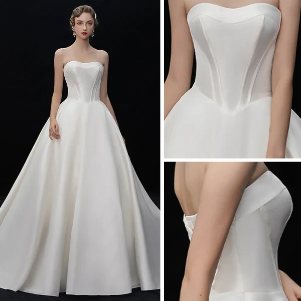 Enkel Champagne Satin Brudekjoler 2019 Prinsesse Kjæreste Uten Ermer Ryggløse Chapel Train Buste