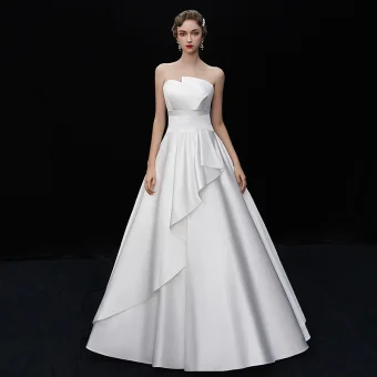 Simple Ivoire Satin Robe De Mariée 2019 Princesse Unique Bustier Sans Manches Dos Nu Longue Volants
