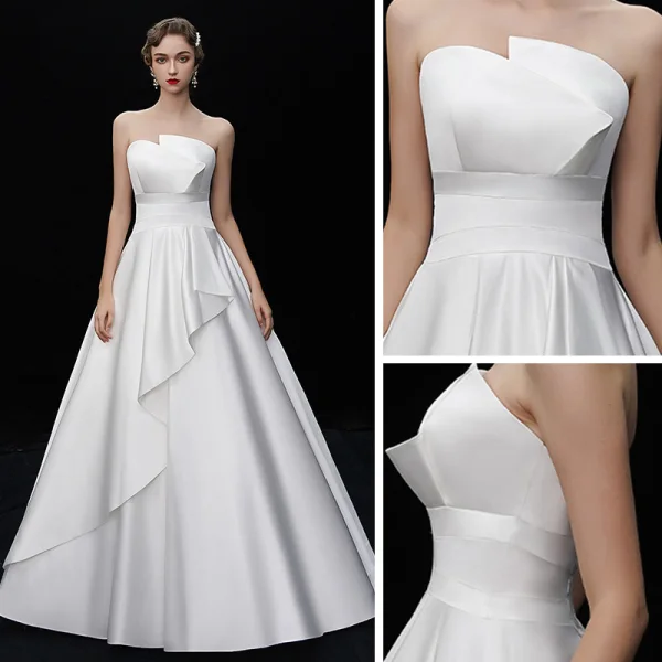 Simple Ivoire Satin Robe De Mariée 2019 Princesse Unique Bustier Sans Manches Dos Nu Longue Volants