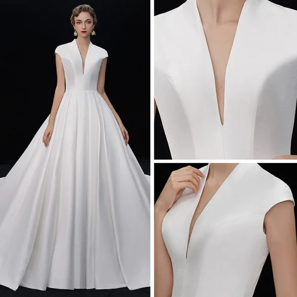 Vintage / Retro Ivory Satin Wedding Dresses 2019 A-Line / Princess Deep V-Neck Sleeveless Cathedral Train Ruffle