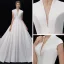 Vintage / Retro Ivory Satin Wedding Dresses 2019 A-Line / Princess Deep V-Neck Sleeveless Cathedral Train Ruffle