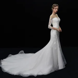 Elegant Ivory See Through Wedding Dresses 2019 Trumpet Mermaid Square Neckline 3 4 Sleeve Backless Appliques Lace Chapel Train Ruffle