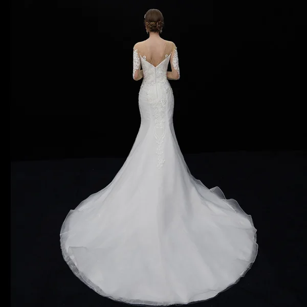 Elegant Ivory See-through Wedding Dresses 2019 Trumpet / Mermaid Square Neckline 3/4 Sleeve Backless Appliques Lace Chapel Train Ruffle