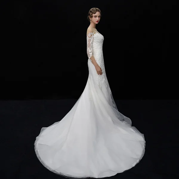 Elegant Ivory See-through Wedding Dresses 2019 Trumpet / Mermaid Square Neckline 3/4 Sleeve Backless Appliques Lace Chapel Train Ruffle