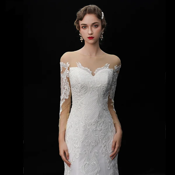 Elegant Ivory See-through Wedding Dresses 2019 Trumpet / Mermaid Square Neckline 3/4 Sleeve Backless Appliques Lace Chapel Train Ruffle