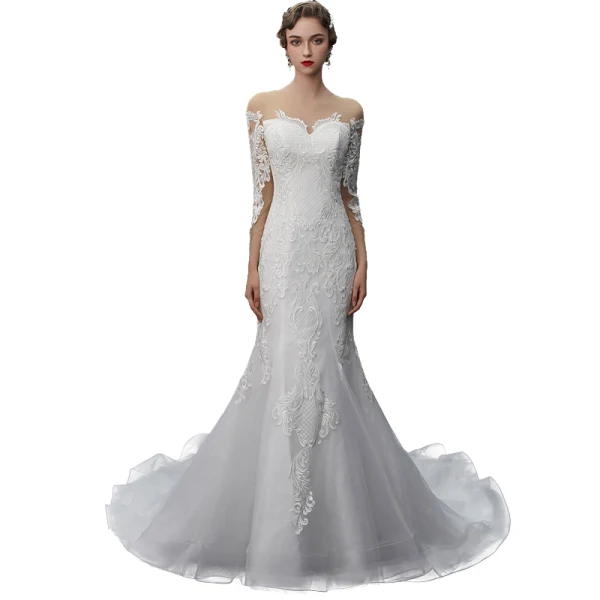 Elegant Ivory See-through Wedding Dresses 2019 Trumpet / Mermaid Square Neckline 3/4 Sleeve Backless Appliques Lace Chapel Train Ruffle