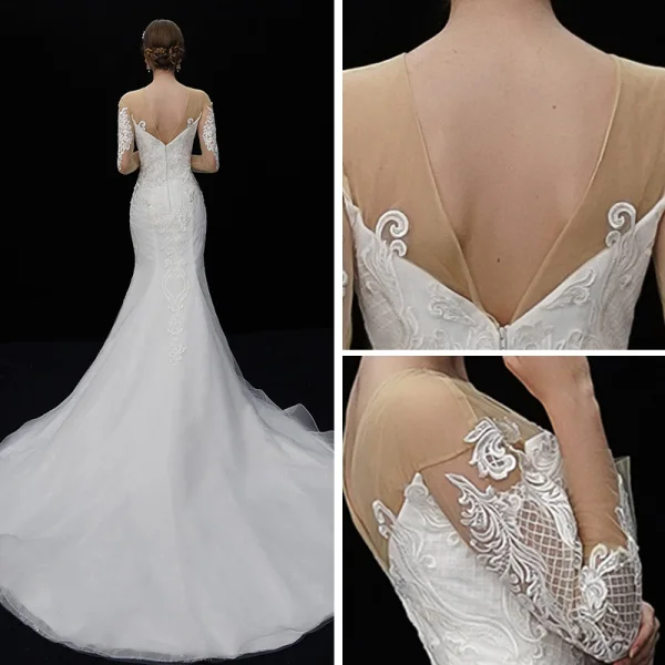 Elegant Ivory See-through Wedding Dresses 2019 Trumpet / Mermaid Square Neckline 3/4 Sleeve Backless Appliques Lace Chapel Train Ruffle