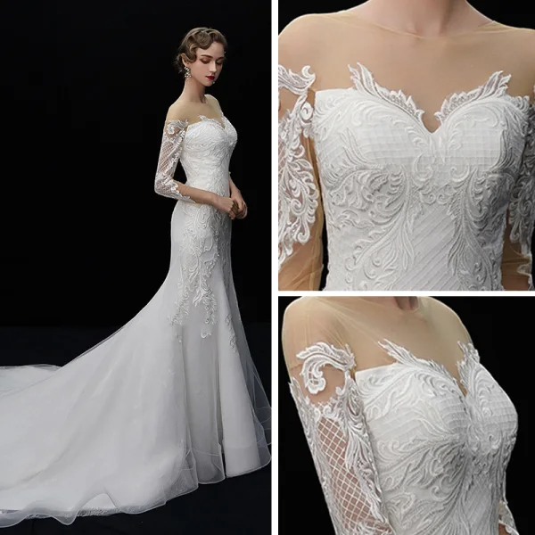 Elegant Ivory See-through Wedding Dresses 2019 Trumpet / Mermaid Square Neckline 3/4 Sleeve Backless Appliques Lace Chapel Train Ruffle