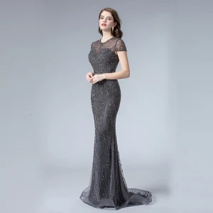 Haut De Gamme Bleu Marine Transparentes Robe De Soirée 2019 Trompette Sirène Encolure Dégagée Mancherons Fait Main Perlage Train De Balayage Robe De Ceremonie
