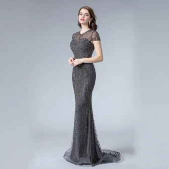 Haut De Gamme Bleu Marine Transparentes Robe De Soirée 2019 Trompette Sirène Encolure Dégagée Mancherons Fait Main Perlage Train De Balayage Robe De Ceremonie