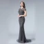 Haut de Gamme Bleu Marine Transparentes Robe De Soirée 2019 Trompette / Sirène Encolure Dégagée Mancherons Fait main Perlage Train De Balayage Robe De Ceremonie