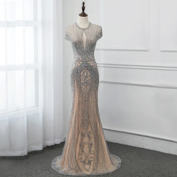 Haut de Gamme Bleu Marine Transparentes Robe De Soirée 2019 Trompette / Sirène Encolure Dégagée Mancherons Fait main Perlage Train De Balayage Robe De Ceremonie