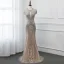 Haut de Gamme Bleu Marine Transparentes Robe De Soirée 2019 Trompette / Sirène Encolure Dégagée Mancherons Fait main Perlage Train De Balayage Robe De Ceremonie