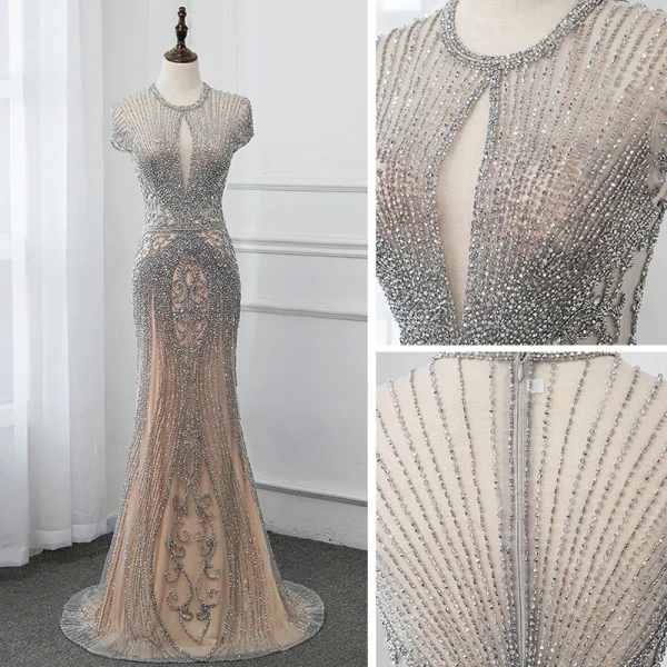 Haut de Gamme Bleu Marine Transparentes Robe De Soirée 2019 Trompette / Sirène Encolure Dégagée Mancherons Fait main Perlage Train De Balayage Robe De Ceremonie