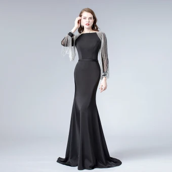 Luxe Noire Robe De Soirée 2019 Trompette Sirène Encolure Carrée Manches Longues Perlage Train De Balayage Volants Robe De Ceremonie