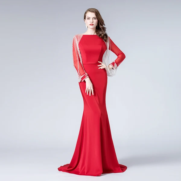 Luxe Noire Robe De Soirée 2019 Trompette / Sirène Encolure Carrée Manches Longues Perlage Train De Balayage Volants Robe De Ceremonie