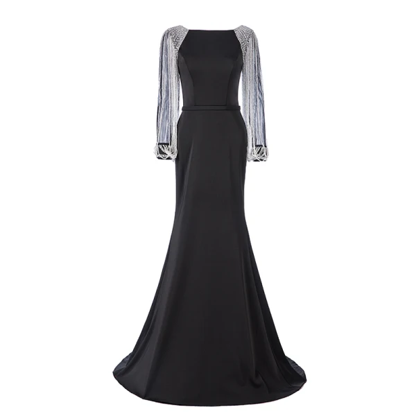 Luxe Noire Robe De Soirée 2019 Trompette / Sirène Encolure Carrée Manches Longues Perlage Train De Balayage Volants Robe De Ceremonie