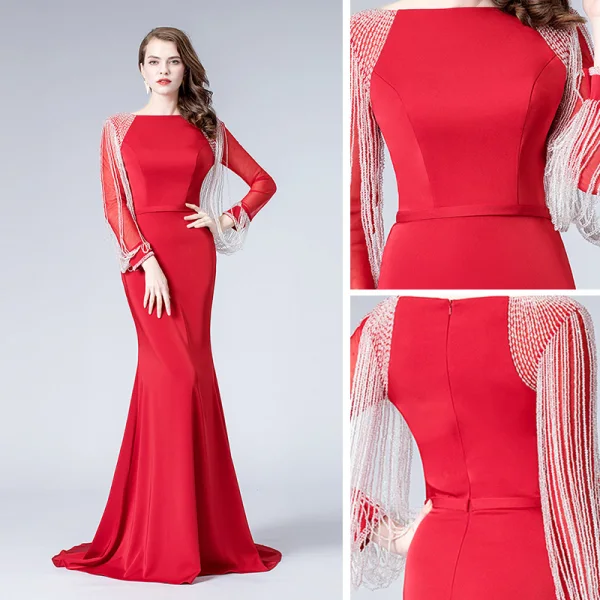 Luxe Noire Robe De Soirée 2019 Trompette / Sirène Encolure Carrée Manches Longues Perlage Train De Balayage Volants Robe De Ceremonie
