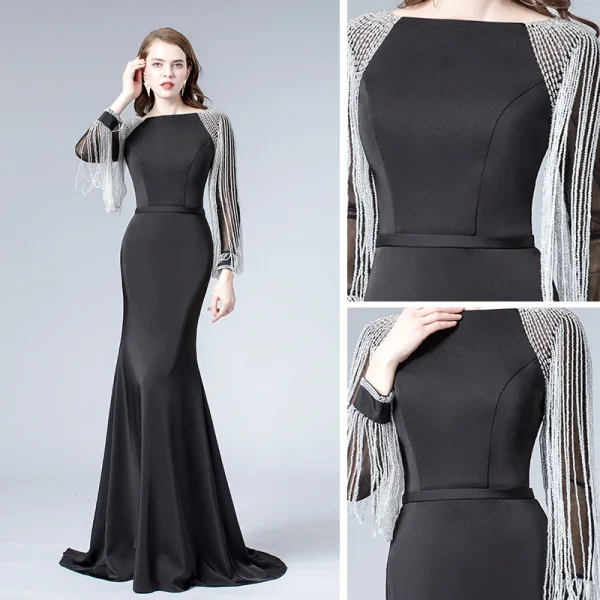 Luxe Noire Robe De Soirée 2019 Trompette / Sirène Encolure Carrée Manches Longues Perlage Train De Balayage Volants Robe De Ceremonie