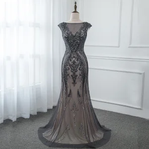 High End Grey See Through Evening Dresses 2019 Trumpet Mermaid Square Neckline Sleeveless Handmade Beading Sweep Train Backless Formal Dresses