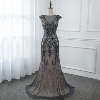 Haut De Gamme Gris Transparentes Robe De Soirée 2019 Trompette Sirène Encolure Carrée Sans Manches Fait Main Perlage Train De Balayage Dos Nu Robe De Ceremonie