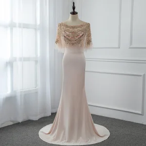High End Champagne Gjennomsiktig Selskapskjoler Med Sjal 2019 Trompet Havfrue Scoop Halsen Uten Ermer Håndlaget Beading Feie Tog Buste Formelle Kjoler