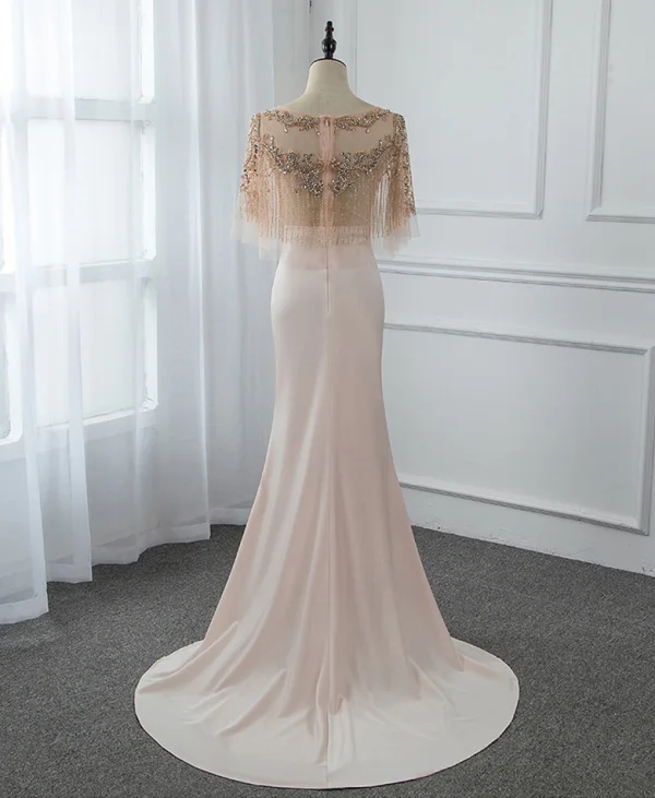 Haut de Gamme Champagne Transparentes Robe De Soirée Avec Châle 2019 Trompette / Sirène Encolure Dégagée Sans Manches Fait main Perlage Train De Balayage Volants Robe De Ceremonie