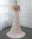 Haut de Gamme Champagne Transparentes Robe De Soirée Avec Châle 2019 Trompette / Sirène Encolure Dégagée Sans Manches Fait main Perlage Train De Balayage Volants Robe De Ceremonie