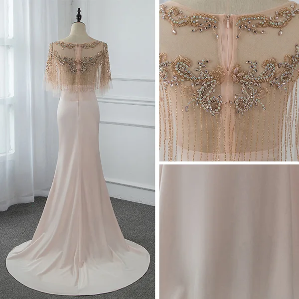 Haut de Gamme Champagne Transparentes Robe De Soirée Avec Châle 2019 Trompette / Sirène Encolure Dégagée Sans Manches Fait main Perlage Train De Balayage Volants Robe De Ceremonie