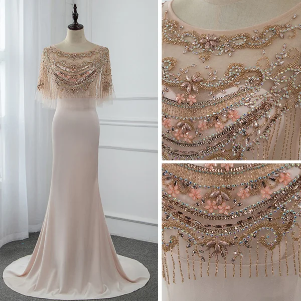 Haut de Gamme Champagne Transparentes Robe De Soirée Avec Châle 2019 Trompette / Sirène Encolure Dégagée Sans Manches Fait main Perlage Train De Balayage Volants Robe De Ceremonie