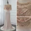 Haut de Gamme Champagne Transparentes Robe De Soirée Avec Châle 2019 Trompette / Sirène Encolure Dégagée Sans Manches Fait main Perlage Train De Balayage Volants Robe De Ceremonie