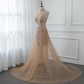 Luxury Gorgeous Gold See Through Summer Evening Dresses 2019 A Line Princess High Neck Sleeveless Sequins Beading Court Train Backless Formal Dresses