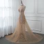 Luxury / Gorgeous Gold See-through Summer Evening Dresses  2019 A-Line / Princess High Neck Sleeveless Sequins Beading Court Train Backless Formal Dresses