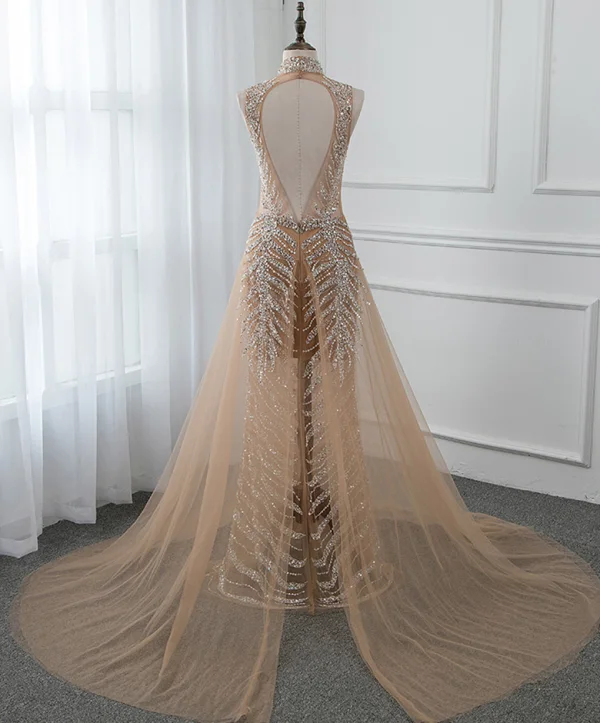 Luxury / Gorgeous Gold See-through Summer Evening Dresses  2019 A-Line / Princess High Neck Sleeveless Sequins Beading Court Train Backless Formal Dresses