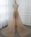 Luxury / Gorgeous Gold See-through Summer Evening Dresses  2019 A-Line / Princess High Neck Sleeveless Sequins Beading Court Train Backless Formal Dresses